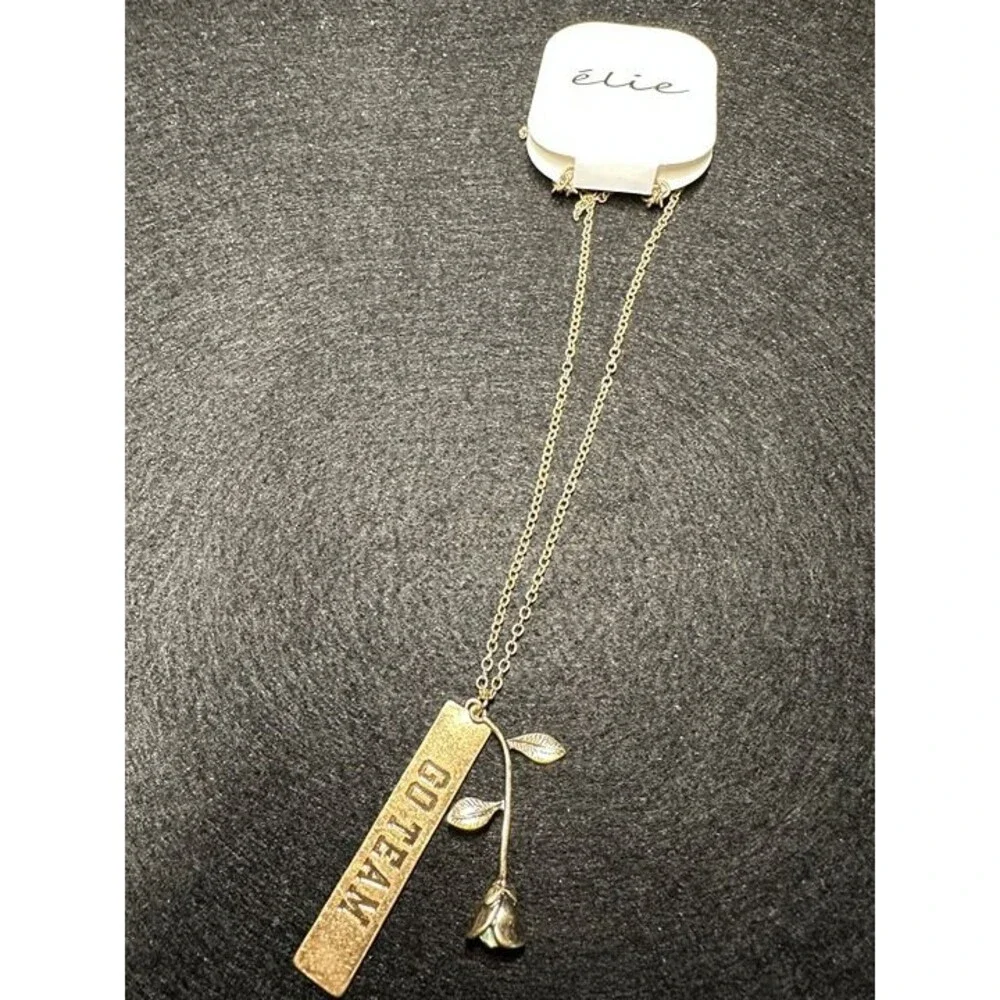 élie Gold GO TEAM Bar Pendant Necklace Rose Leaf Charm NWT New Boho Jewelry Gift